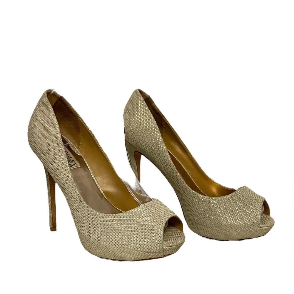 Badgley Mischka Leather Glitter Accents Winter Peep Toe Platform Pumps Champagne